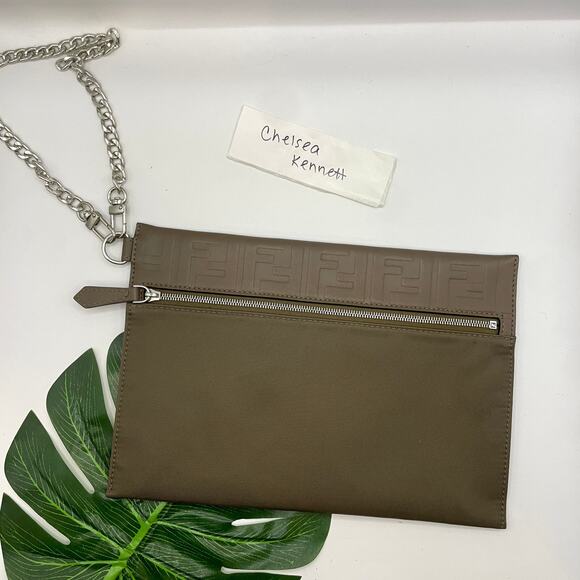 Fendi Zucca Monogram Clutch bag Pouch Nylon Leather khaki Brown Purse - Picture 2 of 13